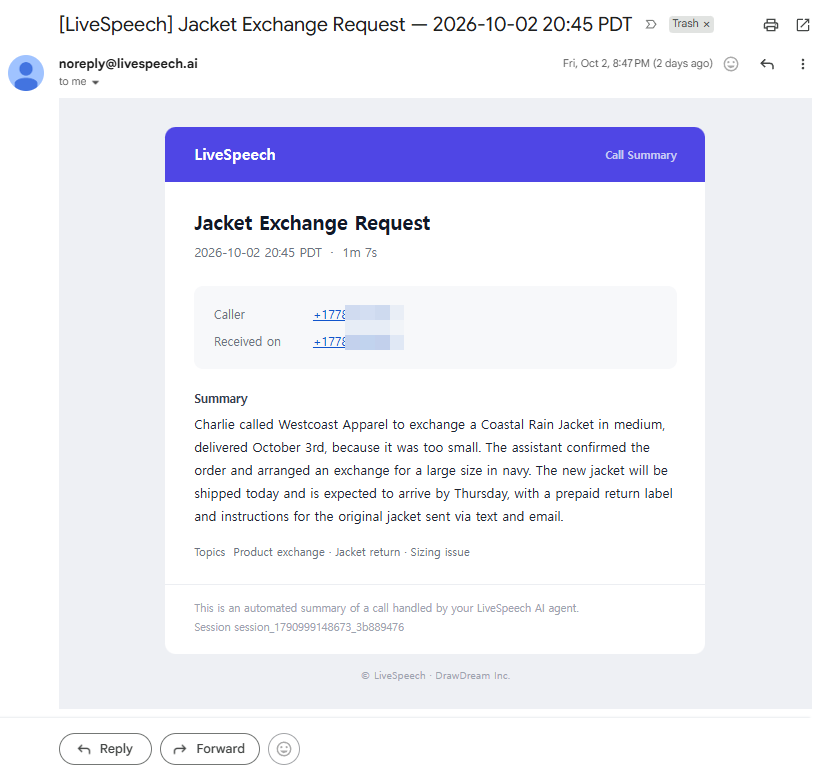 LiveSpeech call summary email for a customer’s jacket exchange request