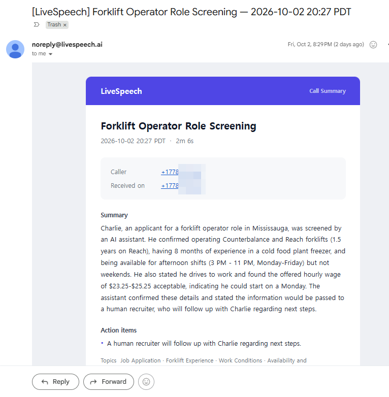LiveSpeech call summary email for a forklift operator candidate screening
